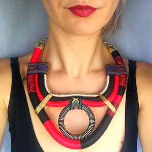 Red statement necklace, red necklace, golden statement necklace, African necklace, tribal necklace, ethnic necklace, boho necklace, bold image 1