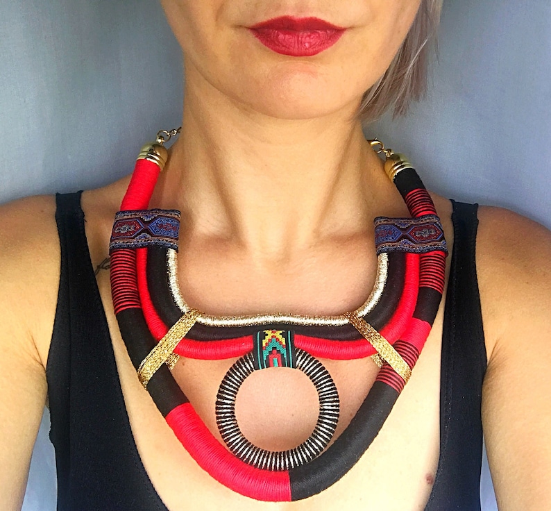 Red statement necklace, red necklace, golden statement necklace, African necklace, tribal necklace, ethnic necklace, boho necklace, bold image 1