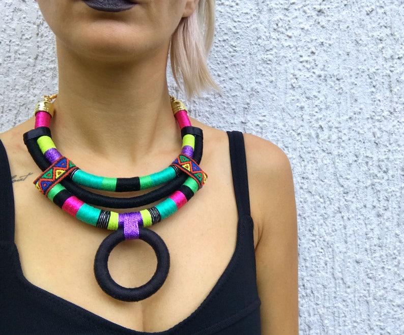 African necklace african jewelry African statement necklaces rope necklaces for women gift for her Colorful handmade jewelry textile image 1