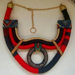 Red statement necklace, red necklace, golden statement necklace, African necklace, tribal necklace, ethnic necklace, boho necklace, bold image 5