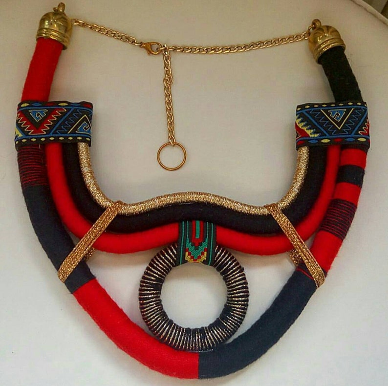 Red statement necklace, red necklace, golden statement necklace, African necklace, tribal necklace, ethnic necklace, boho necklace, bold image 5