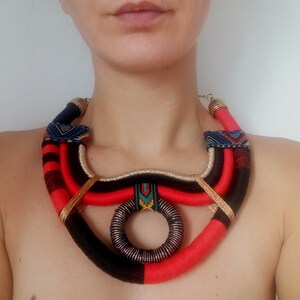 Red statement necklace, red necklace, golden statement necklace, African necklace, tribal necklace, ethnic necklace, boho necklace, bold image 4