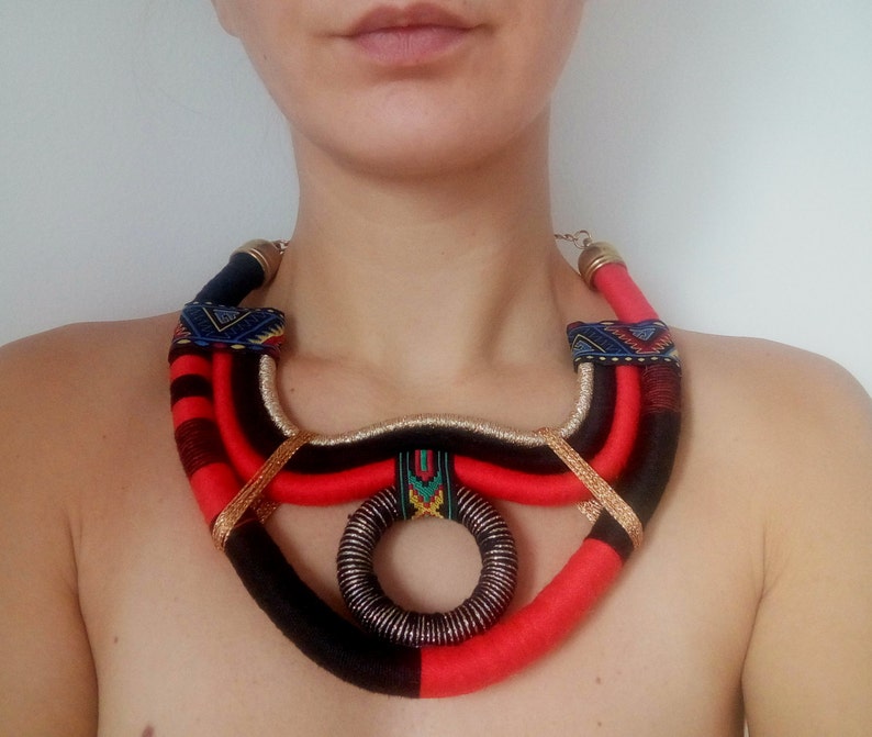 Red statement necklace, red necklace, golden statement necklace, African necklace, tribal necklace, ethnic necklace, boho necklace, bold image 4