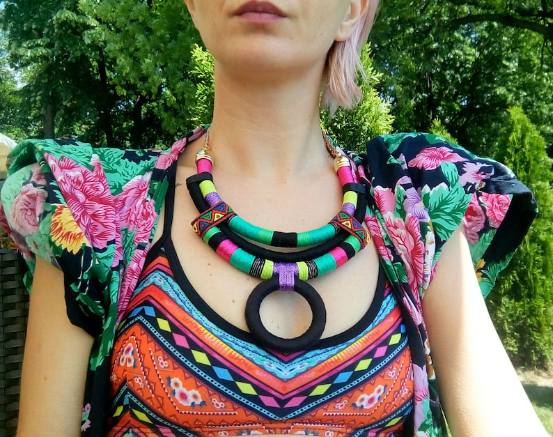 African necklace african jewelry African statement necklaces rope necklaces for women gift for her Colorful handmade jewelry textile image 5