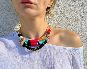 Fabric bib necklace, African colorful bib necklace, African Style Fabric Bib Necklace, Statement necklace