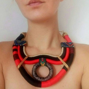 Red statement necklace, red necklace, golden statement necklace, African necklace, tribal necklace, ethnic necklace, boho necklace, bold image 6