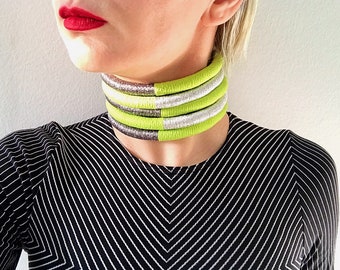 Statement necklace, Neon choker, thread wrapped necklace,layered necklace, tribal necklace -african choker - handmade in neon yellow fabric