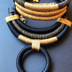 African necklaces, tribal necklace, African jewelry, modern necklaces, edgy necklaces, OOAK jewelry, black necklace, gold necklace image 4