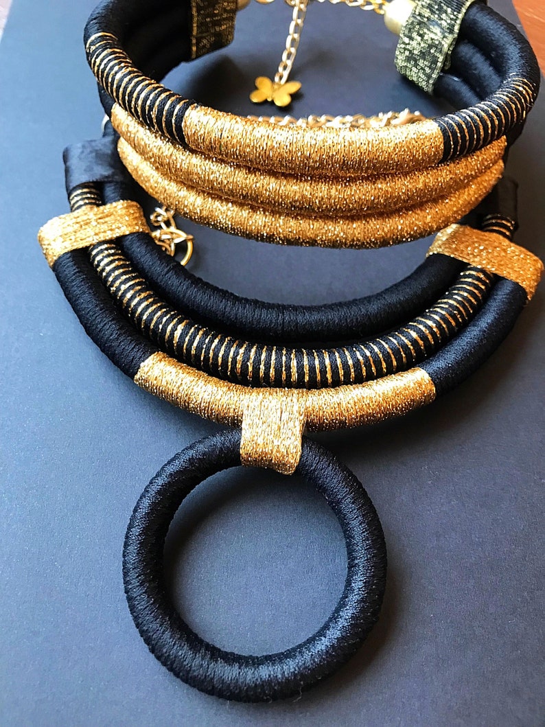 African necklaces, tribal necklace, African jewelry, modern necklaces, edgy necklaces, OOAK jewelry, black necklace, gold necklace image 4