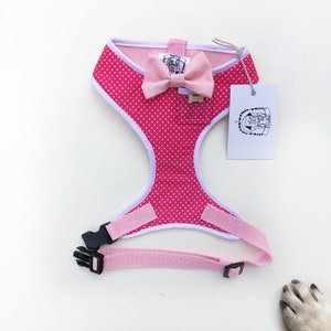 Lady Bella - Hand-made harness with pink polka dot fabric, pink bow and bone button
