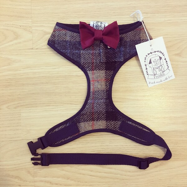 Sir Harrison - Hand-made, genuine Harris tweed harness with Maroon bow-tie, pocket and bone button – XS, S, M, L & Custom