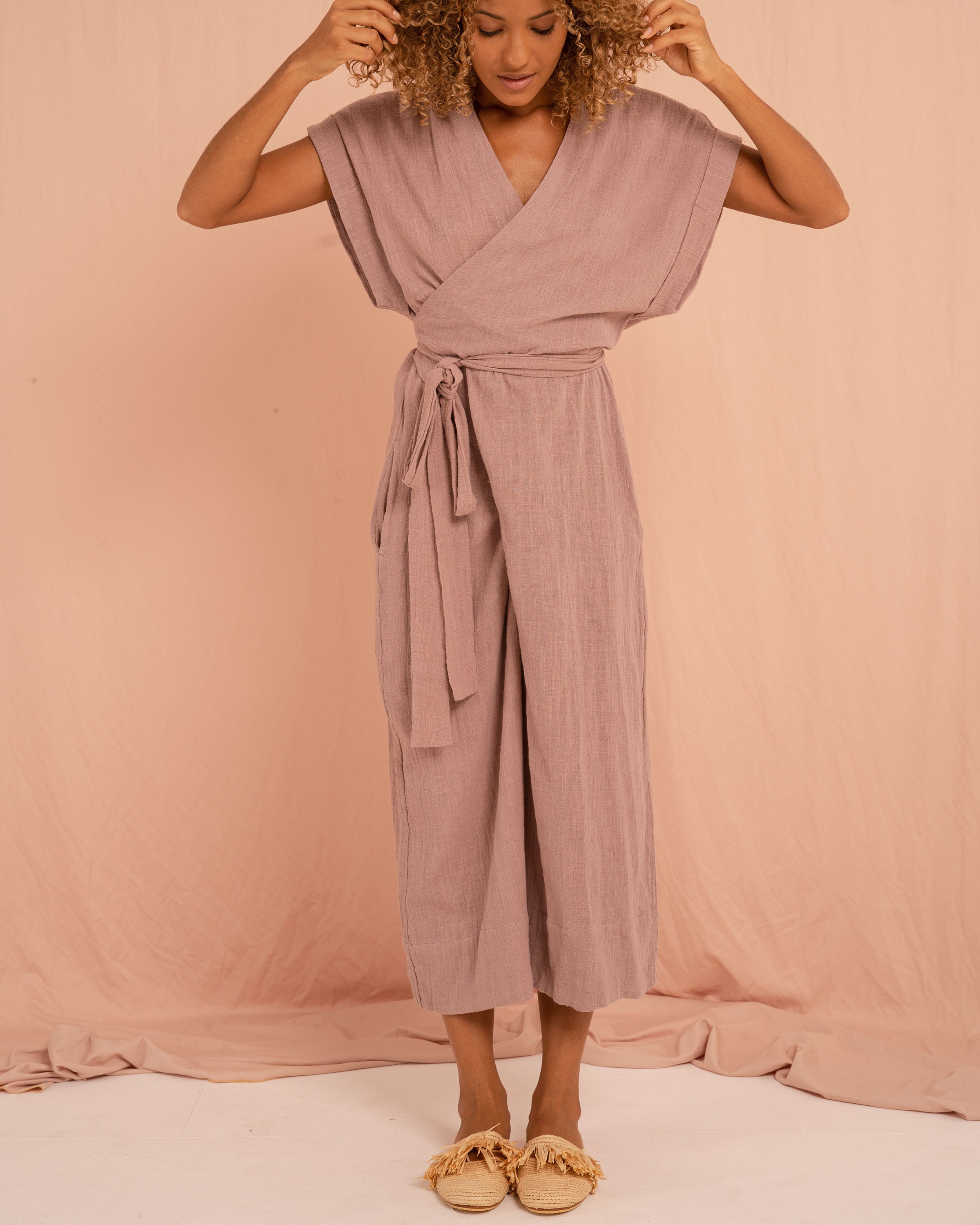 LAVENDER WRAP JUMPSUIT - 100% Cotton, Capri Length With