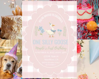 Silly Goose eerste verjaardagsuitnodiging | Pastelkleurige gingang (bewerkbare canvassjabloon)