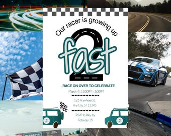 Raceauto 2e verjaardagsuitnodiging | Two Fast Party (afdrukbare pdf)