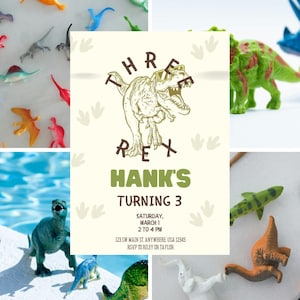 Convite de aniversário de dinossauro | Convite editável para festa Three-Rex | Download digital | Cartão de aniversário infantil de dinossauro | Modelo editável instantâneo