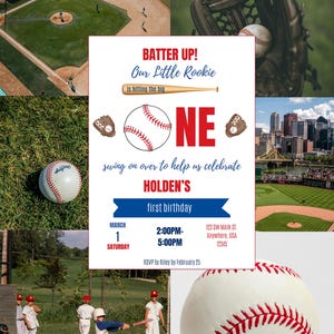 Invito di compleanno a tema baseball modificabile con retro / Modello Canva per il primo compleanno del primo anno / Download digitale