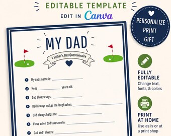 Plantilla de cuestionario para el Día del Padre / Recuerdo para papá con temática de golf (Descarga digital)
