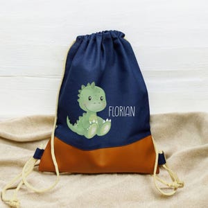 Sac de sport enfant personnalisé "Dino" bleu marine/marron, petit sac à linge pour la maternelle, sac enfant, idée cadeau pour enfant