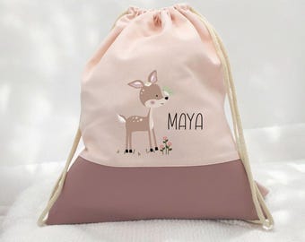 Personalisierter Kinder-Turnbeutel  "Rehkitz Pearl",  kleiner Wäschebeutel für Kindergarten, Kinderbeutel, Geschenkidee für Kinder