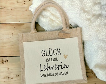 Jutetasche "Glück ist eine Lehrerin/Erzieherin wie dich zu haben" in zwei Größen, Abschiedsgeschenk Schule Kindergarten, Weihnachtsgeschenk