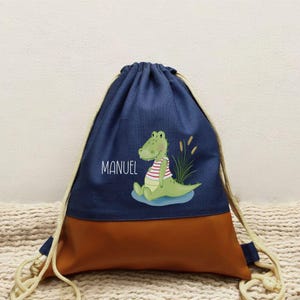 Sac de sport enfant personnalisé "Crocodile" bleu marine/marron, petit sac à linge pour maternelle, sac enfant, idée cadeau pour enfant