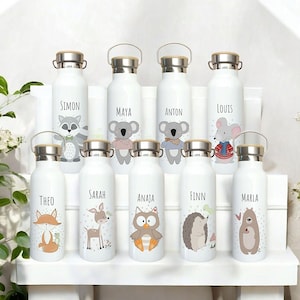 Gepersonaliseerde drinkfles "Dieren-Scandinavisch" thermosfles van roestvrij staal met bamboe deksel, dierenmotieven