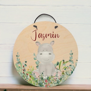 Targa porta cameretta bambini, targhetta, legno tondo, ippopotamo, regalo per nascita, baby shower