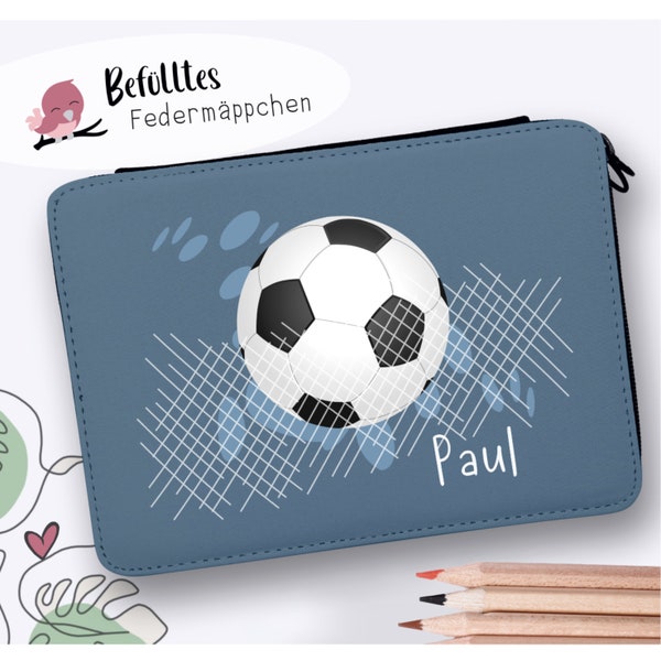 Befülltes Federmäppchen Federtasche Federpenal "Fußball" personalisiert, Geschenk zum Schulstart