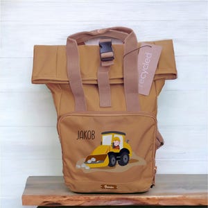 Sac à dos pour enfants roll-top recyclé « Excavator » avec nom personnalisé pour la maternelle, l'école