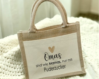 Jutetasche "Omas sind wie Mamas, nur mit Puderzucker" in zwei Größen, Geschenkidee zu Weihnachten, Geburtstag, Muttertag für Oma