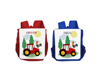 Kindergartenrucksack rot oder blau "Traktor" personalisiert, Rucksack für Kleinkinder mit Namen, Geschenk für den Kindergarten