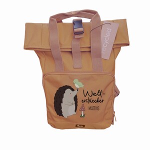 Sac à dos enfant recyclé rolltop hérisson "World Explorer" personnalisé avec nom pour maternelle, école