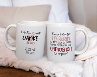 Personalisierte Tasse "Eine großartige Lehrerin ist nicht leicht zu finden..." matt/glänzend, Abschiedsgeschenk Schule, Dankeschön Lehrerin