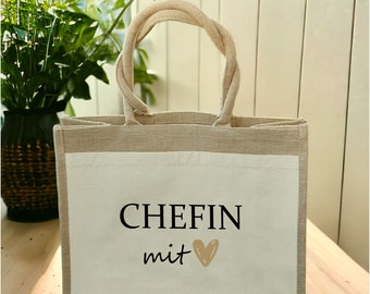 Jutetasche "Chefin oder Kollegin mit Herz" in zwei Größen , Dankeschön Abschiedsgeschenk, Ruhestand, Jobwechsel, Geschenkidee zu Weihnachten