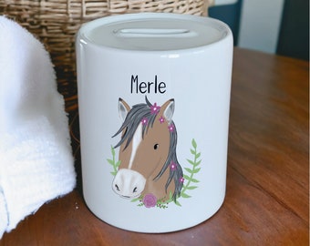 Spardose Pferd mit Namen personalisiert, Geschenk für Kindergeburtstag, Weihnachten, Nikolo, Geldgeschenk
