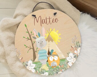 Türschild Kinderzimmer, Namensschild, Holz rund, Indianerhase mit Eule, Geschenk zur Geburt, Babyparty, Ostergeschenk