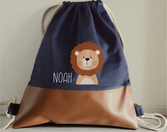 Borsa da palestra per bambini personalizzata "Leone" blu scuro/marrone, piccola borsa per la biancheria per la scuola materna, borsa per bambini, idea regalo per bambini