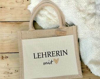 Jutetasche "Lehrerin oder Erzieherin mit Herz" in zwei Größen, Dankeschön Abschiedsgeschenk Schule Kindergarten, Geschenkidee zu Weihnachten