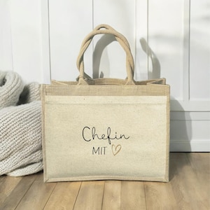 Jutetasche "Chefin oder Kollegin mit Herz" , Dankeschön Abschiedsgeschenk, Ruhestand, Jobwechsel, Geschenkidee zu Weihnachten