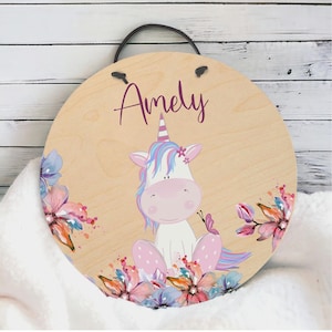 Targa porta cameretta bambini, targhetta, legno tondo, unicorno, regalo per nascita, baby shower