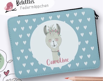 Befülltes Federmäppchen Federtasche Federpenal "Lama" personalisiert, Geschenk zum Schulstart