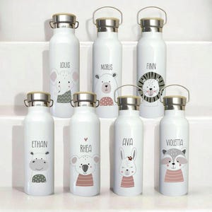 Gepersonaliseerde drinkfles "Dieren-Scandinavisch" thermosfles van roestvrij staal met bamboe deksel, dierenmotieven