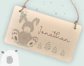 Türschild, Namensschild, Kinderzimmer, Hase braun mit Schmetterling und Namen personalisiert, Geschenk zur Geburt, Babyparty, Ostergeschenk