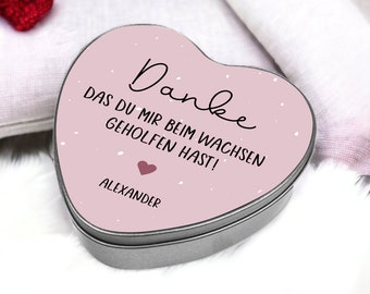 Personalisierte Geschenkdose Aufbewahrungsdose Herz "Danke, dass du mir oder uns beim Wachsen geholfen hast", Abschiedsgeschenk Kindergarten