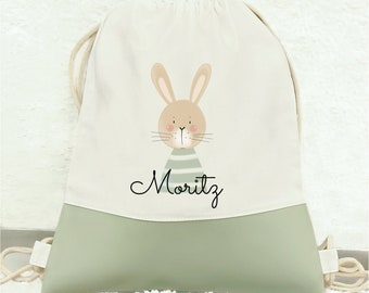 Sac de gym enfant personnalisé "Lapin au pull rayé", petit sac à linge pour garderie, sac enfant, idée cadeau pour enfant