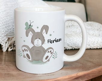 Keramik Tasse "brauner Hase" mit Namen personalisiert, matt oder glänzend,Geburtstagsgeschenk,Geschenk für Kinder,Ostergeschenk,Kinderbecher