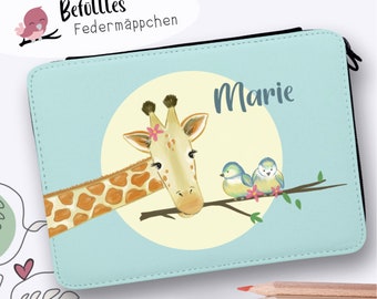 Befülltes Federmäppchen Federtasche Federpenal "Giraffe mit Vögel" personalisiert, Geschenk zum Schulstart