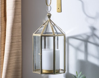 House-shape Glass Lantern with Metal Frame Antique Gold or Silver  'Chhat' / Indoor Vintage Style Lantern for Wall or Table with Hook