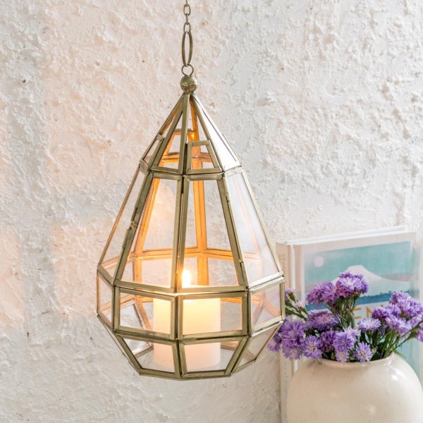 Glass Candle Holder Hanging or Table-Top Contemporary / Drop Shape Candle Holder Golden Metal Frame / Tealight Lantern with Brass Finish