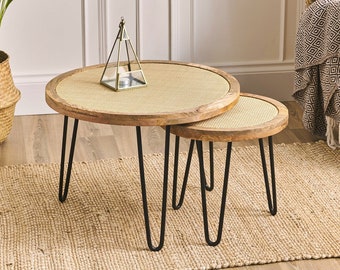 Table d'appoint ronde en rotin avec finition naturelle rustique - Disponible en 2 tailles ou par lot